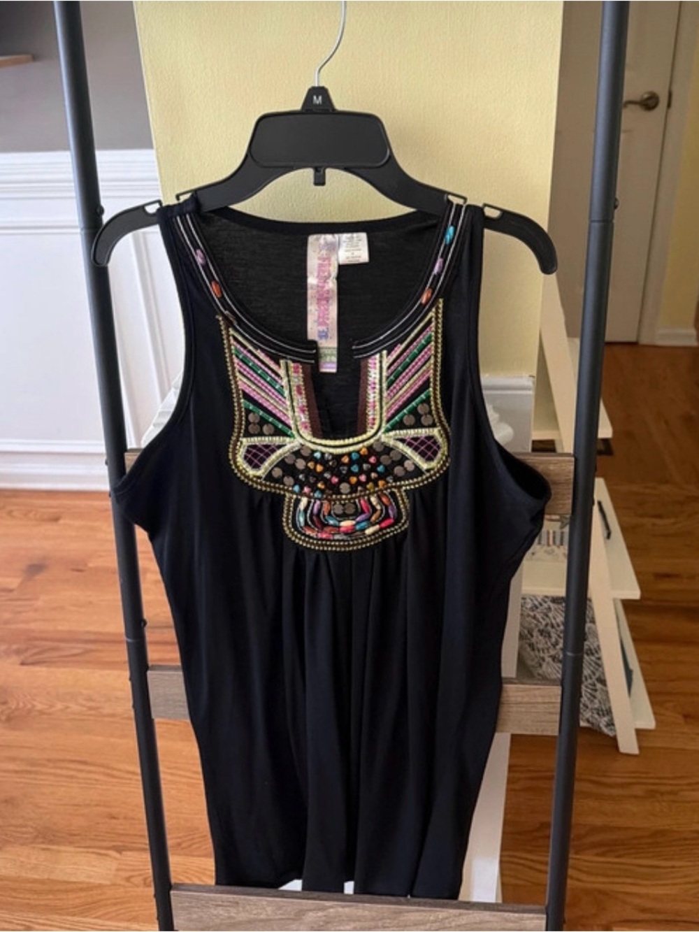 Beaded Embroidered Black Sleeveless Tank Top